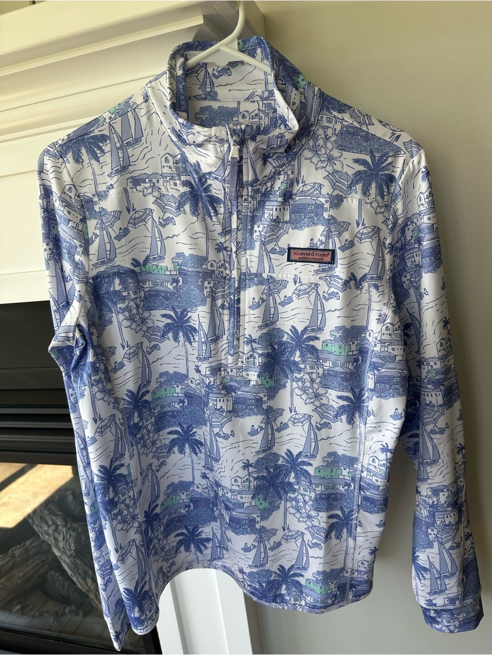 Vineyard Vines White and Blue Nautical Print Quarter-Zip Shep Shirt- NWOT